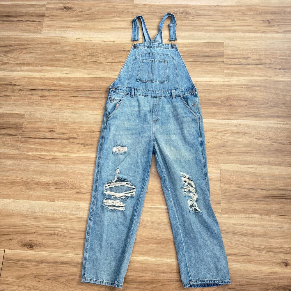 Wild Fable Distressed Denim Overalls Medium Wash Baggy Straight Leg Size L